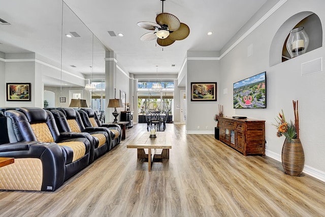 17233 Bermuda Village Dr, Boca Raton, FL 33487 - living area with a ceiling fan, baseboards, light wood finished floors, crown molding, and recessed lighting