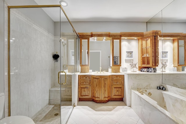 17233 Bermuda Village Dr, Boca Raton, FL 33487 - full bathroom featuring a tub with jets, a shower stall, tile patterned flooring, and vanity