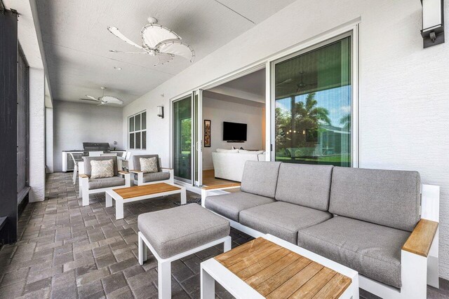 13487 Whistler Mountain Rd, Delray Beach, FL 33446 - view of patio / terrace with an outdoor hangout area, ceiling fan, and exterior kitchen