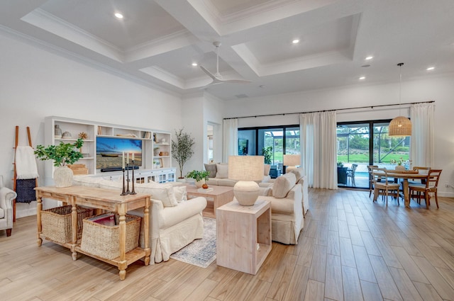 314 Sonoma Isles Cir, Jupiter, FL 33478 - living room with a high ceiling, beam ceiling, light wood-type flooring, a ceiling fan, and ornamental molding