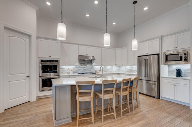 314 Sonoma Isles Cir, Jupiter, FL 33478 - kitchen featuring stainless steel appliances, under cabinet range hood, crown molding, a sink, and backsplash