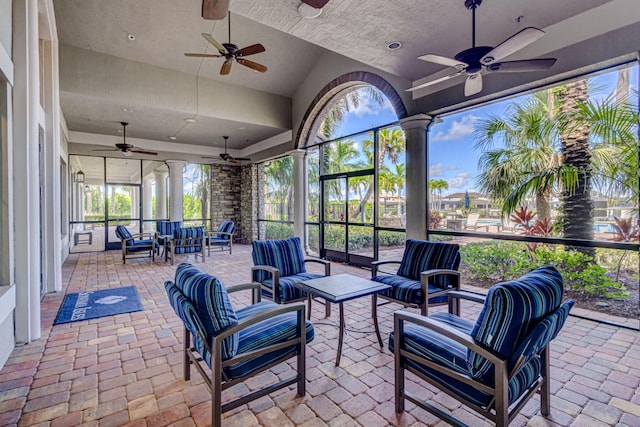 314 Sonoma Isles Cir, Jupiter, FL 33478 - sunroom featuring a ceiling fan, an outdoor living space, and vaulted ceiling