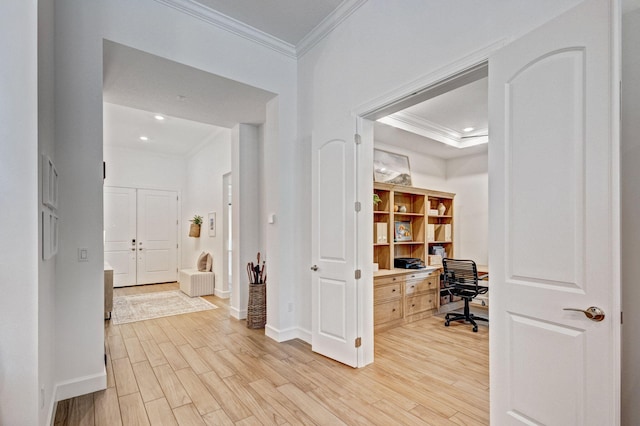 314 Sonoma Isles Cir, Jupiter, FL 33478 - office featuring crown molding, light wood-style flooring, baseboards, and recessed lighting