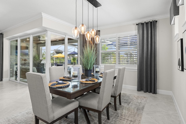 10339 SW Tetian Dr, Port Saint Lucie, FL 34987 - dining area with ornamental molding, a chandelier, light tile patterned floors, and baseboards