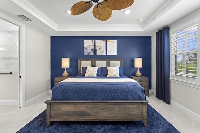 10339 SW Tetian Dr, Port Saint Lucie, FL 34987 - bedroom featuring a raised ceiling, ornamental molding, tile patterned flooring, ceiling fan, and baseboards