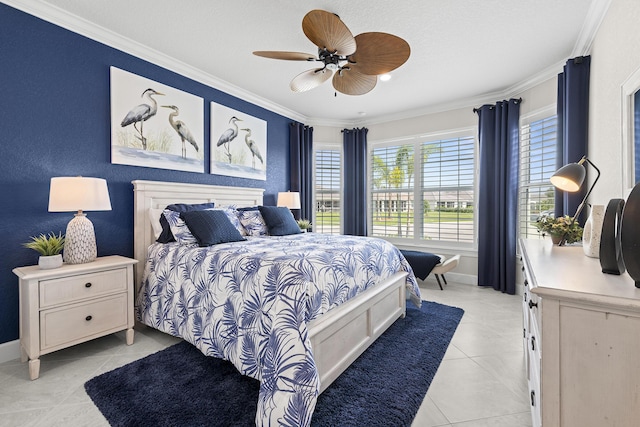 10339 SW Tetian Dr, Port Saint Lucie, FL 34987 - bedroom with ornamental molding, light tile patterned floors, baseboards, and ceiling fan