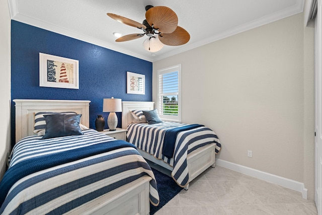 10339 SW Tetian Dr, Port Saint Lucie, FL 34987 - bedroom with crown molding, baseboards, a ceiling fan, and light tile patterned floors