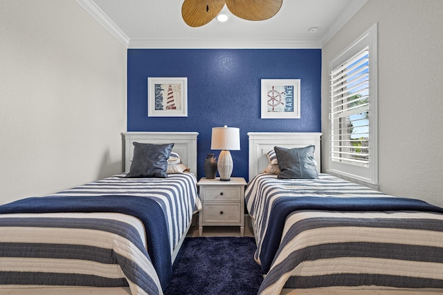 10339 SW Tetian Dr, Port Saint Lucie, FL 34987 - bedroom with ornamental molding, a ceiling fan, and a textured wall