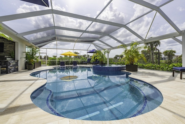 10339 SW Tetian Dr, Port Saint Lucie, FL 34987 - view of pool featuring a pool with connected hot tub, a patio, and glass enclosure
