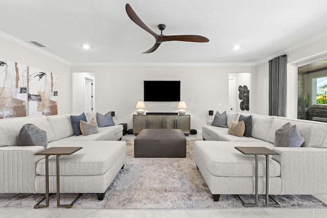 10339 SW Tetian Dr, Port Saint Lucie, FL 34987 - living area featuring ornamental molding, a ceiling fan, and recessed lighting