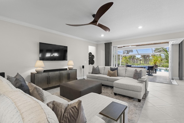 10339 SW Tetian Dr, Port Saint Lucie, FL 34987 - living room featuring a ceiling fan, a sunroom, ornamental molding, recessed lighting, and light tile patterned floors