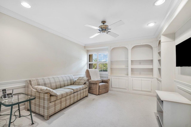 16703 Hidden Cove Dr, Jupiter, FL 33477 - living area featuring ornamental molding, ceiling fan, carpet floors, and recessed lighting