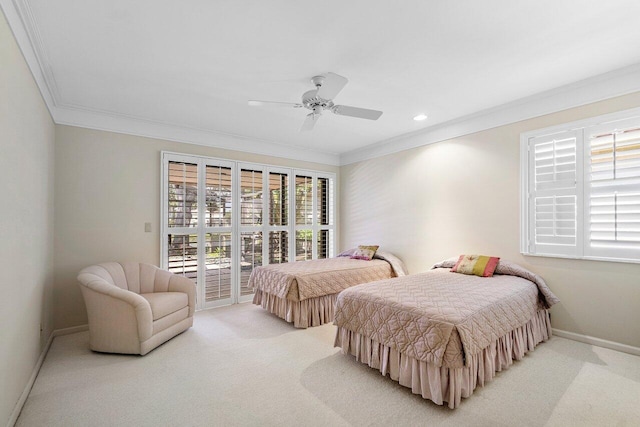 16703 Hidden Cove Dr, Jupiter, FL 33477 - bedroom featuring light carpet, crown molding, baseboards, a ceiling fan, and recessed lighting