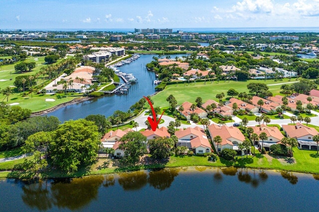 16703 Hidden Cove Dr, Jupiter, FL 33477 - aerial perspective of suburban area featuring a nearby body of water and a local golf course