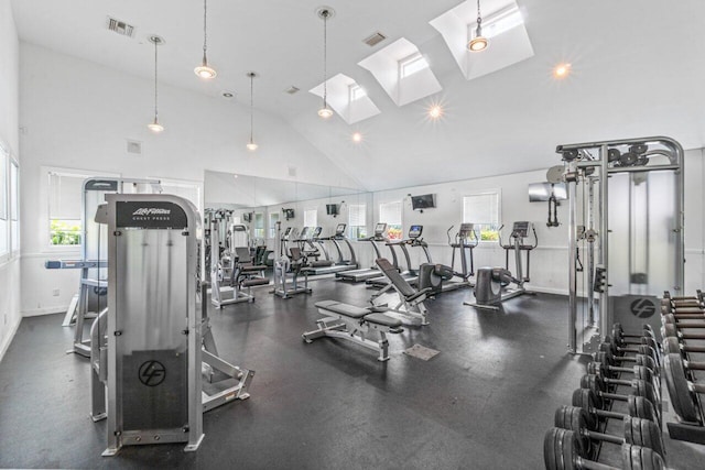 1825 Palm Cove Blvd Unit 7-307, Delray Beach, FL 33445 - gym with a skylight, plenty of natural light, high vaulted ceiling, and baseboards