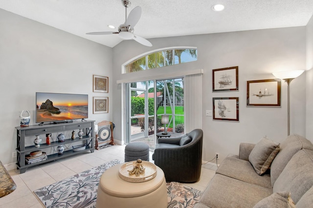 5630 Eagle Trace Ct, Lake Worth, FL 33463 - living area with a ceiling fan, a textured ceiling, light tile patterned floors, recessed lighting, and baseboards
