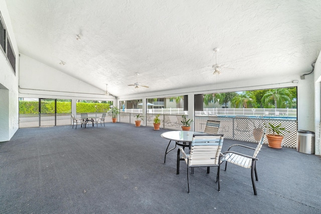 16091 Blatt Blvd Unit 302, Weston, FL 33326 - sunroom / solarium featuring outdoor dining space, ceiling fan, and vaulted ceiling