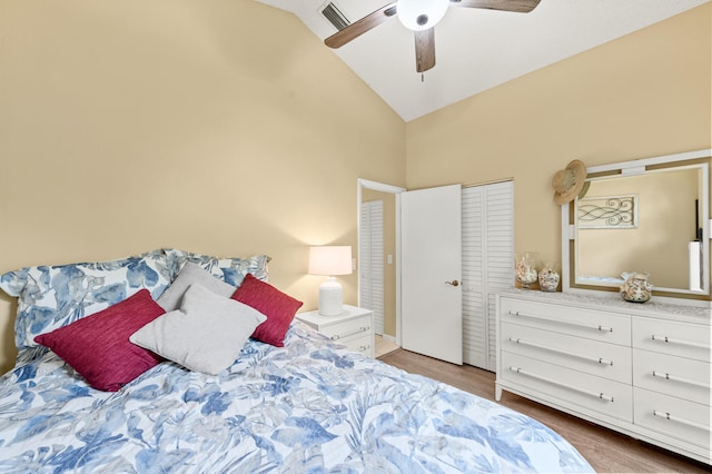 6815 NW 28th St, Margate, FL 33063 - bedroom with wood finished floors, high vaulted ceiling, and a ceiling fan