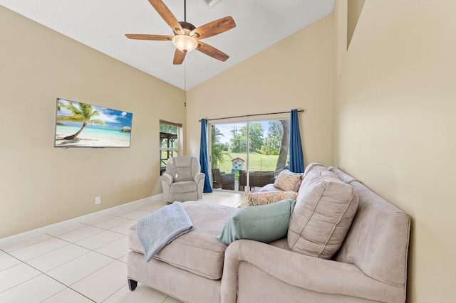 6815 NW 28th St, Margate, FL 33063 - living room featuring high vaulted ceiling, ceiling fan, light tile patterned floors, and baseboards