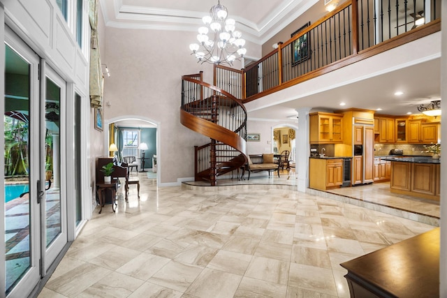 434 NW 7th Ave, Boca Raton, FL 33486 - interior space featuring crown molding, stairway, and a towering ceiling