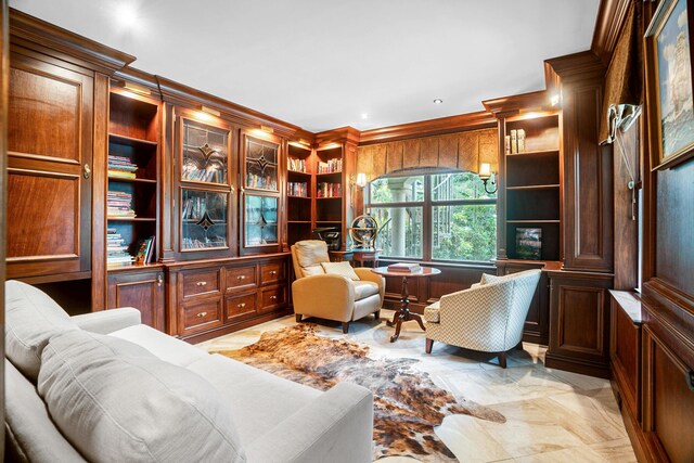 434 NW 7th Ave, Boca Raton, FL 33486 - home office with crown molding, built in study area, recessed lighting, and wooden walls