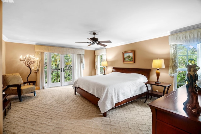 434 NW 7th Ave, Boca Raton, FL 33486 - bedroom featuring crown molding, multiple windows, access to outside, a ceiling fan, and light colored carpet