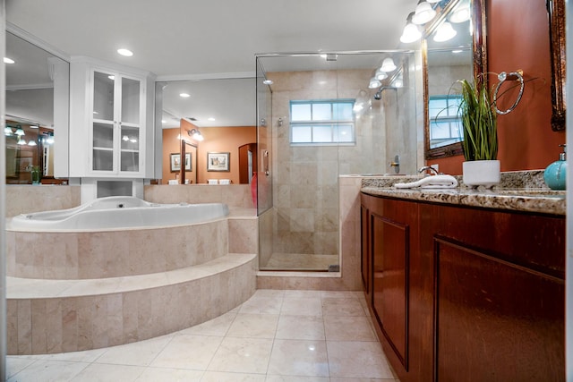 434 NW 7th Ave, Boca Raton, FL 33486 - bathroom with a shower stall, a bath, vanity, tile patterned floors, and recessed lighting