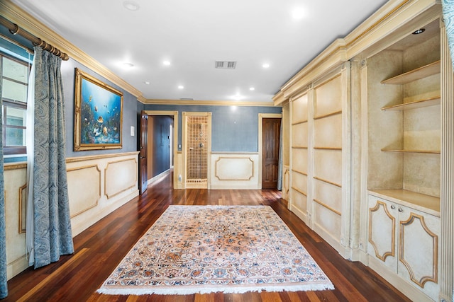 434 NW 7th Ave, Boca Raton, FL 33486 - corridor with ornamental molding, dark wood-type flooring, a decorative wall, and a wainscoted wall