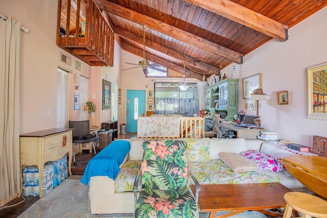 6160 31st Ter NW, Fort Lauderdale, FL 33309 - dining area with wood ceiling with exposed beams, a ceiling fan, and high vaulted ceiling