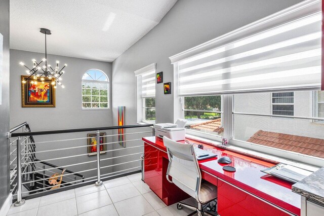 7685 Springwater Pl Unit 201, Boynton Beach, FL 33437 - office with a chandelier, tile patterned flooring, and a textured ceiling