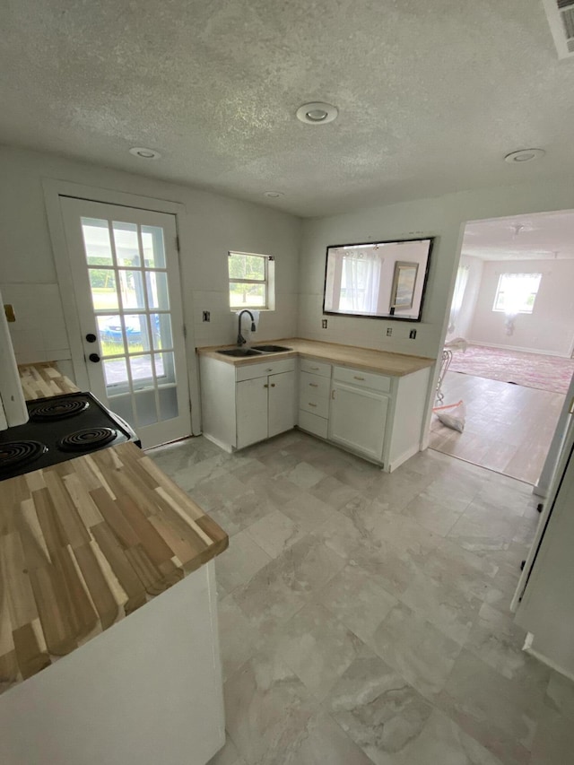 4235 Clay St, Marianna, FL 32446 - kitchen featuring a sink, a textured ceiling, healthy amount of natural light, white cabinetry, and butcher block counters