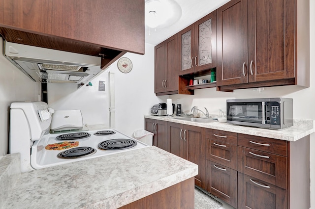 15610 NE 6th Ave NE Unit 10C, Miami, FL 33162 - kitchen featuring stainless steel microwave, white electric stove, a sink, light countertops, and dark brown cabinets