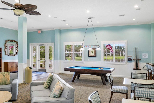 1463 N Jeaga Dr, Jupiter, FL 33458 - game room featuring wainscoting, recessed lighting, billiards, crown molding, and carpet flooring