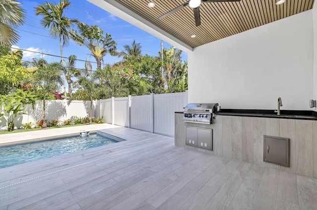 1233 NE 12th Ave Unit A, Fort Lauderdale, FL 33304 - view of swimming pool with a sink, a fenced backyard, a ceiling fan, and a deck