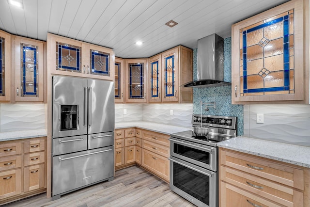 165 Cordoba Cir, Royal Palm Beach, FL 33411 - kitchen with stainless steel appliances, wall chimney exhaust hood, light brown cabinetry, glass insert cabinets, and wooden ceiling