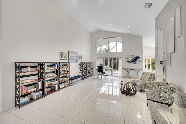 6078 Slice Ct, Boynton Beach, FL 33437 - living area featuring high vaulted ceiling, tile patterned flooring, and recessed lighting