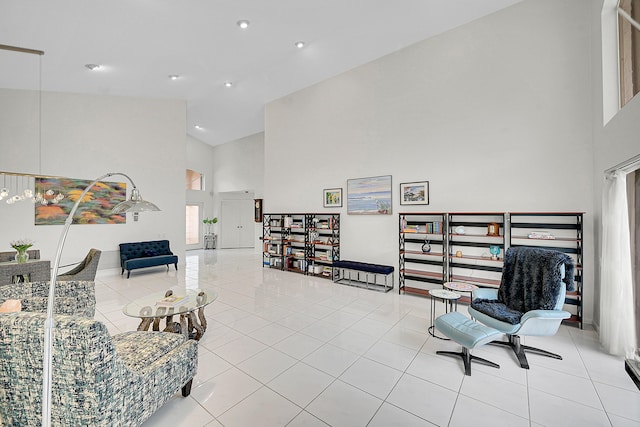 6078 Slice Ct, Boynton Beach, FL 33437 - sitting room featuring high vaulted ceiling, recessed lighting, and light tile patterned floors