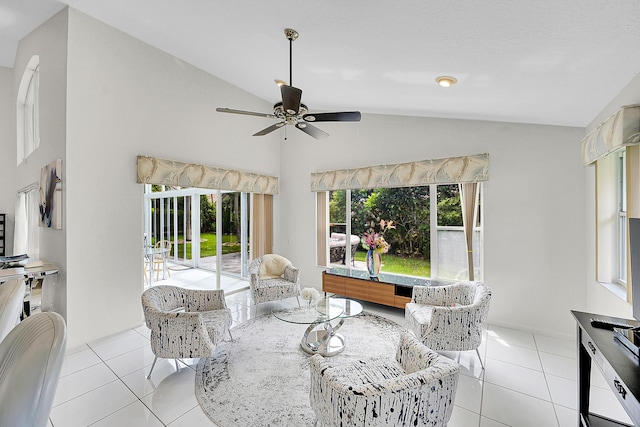 6078 Slice Ct, Boynton Beach, FL 33437 - living area featuring ceiling fan, light tile patterned flooring, and high vaulted ceiling