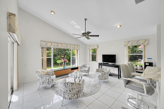 6078 Slice Ct, Boynton Beach, FL 33437 - living room featuring a ceiling fan, vaulted ceiling, recessed lighting, and light tile patterned flooring