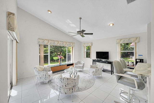 6078 Slice Ct, Boynton Beach, FL 33437 - living area featuring ceiling fan, vaulted ceiling, recessed lighting, and light tile patterned flooring