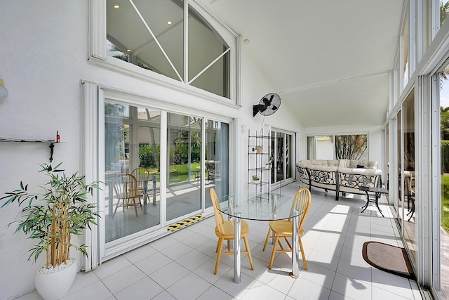 6078 Slice Ct, Boynton Beach, FL 33437 - sunroom with high vaulted ceiling, tile patterned floors, and outdoor lounge area