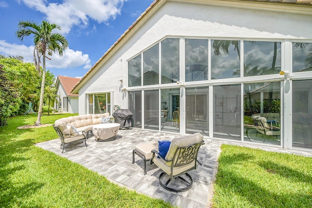 6078 Slice Ct, Boynton Beach, FL 33437 - rear view of property featuring stucco siding, a patio area, a yard, and an outdoor hangout area