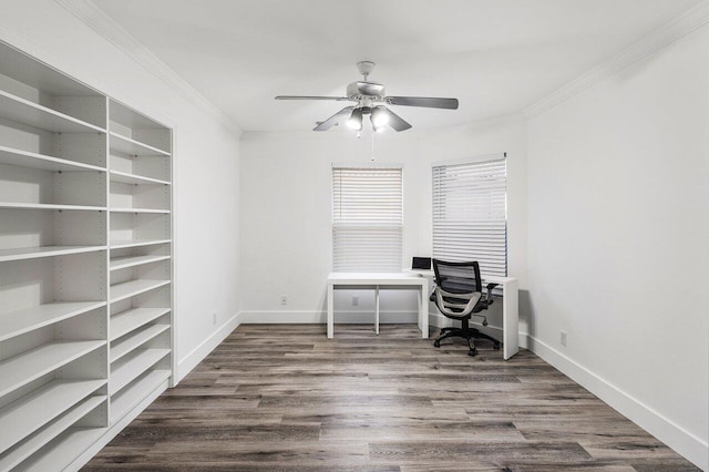 2802 Waters Edge Cir, Greenacres, FL 33413 - office area featuring a ceiling fan, wood finished floors, ornamental molding, and baseboards