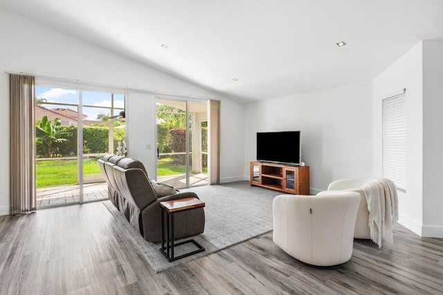2802 Waters Edge Cir, Greenacres, FL 33413 - living room featuring lofted ceiling, healthy amount of natural light, wood finished floors, and baseboards