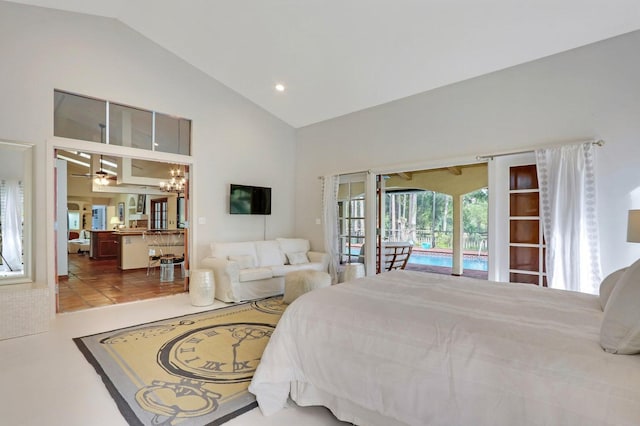 11357 Roselynn Way, Lake Worth, FL 33449 - tiled bedroom featuring access to outside, high vaulted ceiling, a chandelier, and recessed lighting