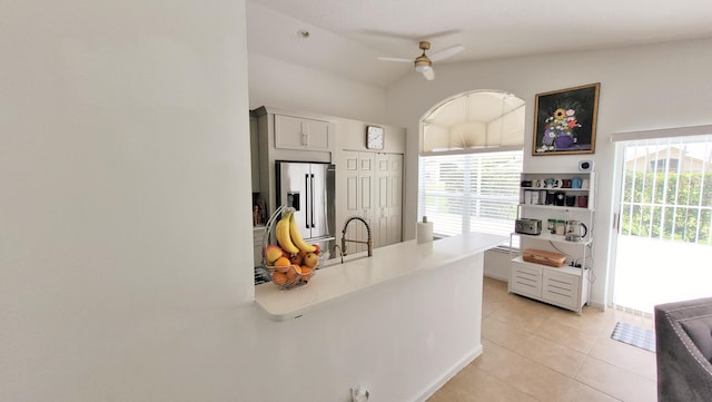 12484 Pleasant Green Way, Boynton Beach, FL 33437 - kitchen with stainless steel refrigerator with ice dispenser, ceiling fan, light tile patterned floors, light countertops, and a sink