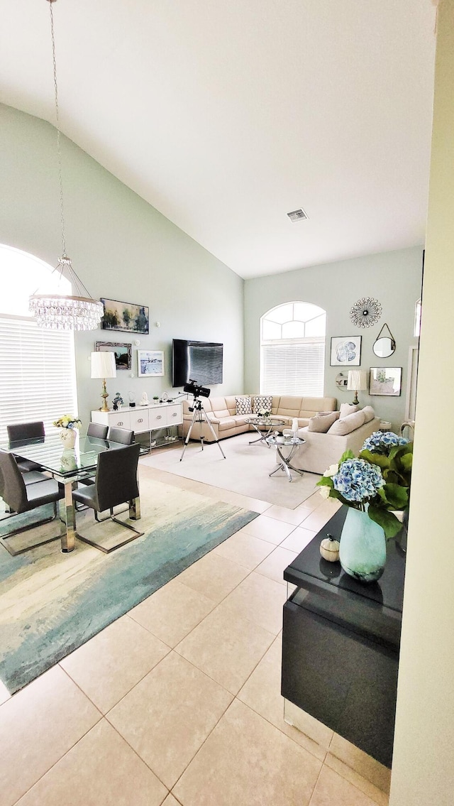 12484 Pleasant Green Way, Boynton Beach, FL 33437 - tiled living area featuring high vaulted ceiling