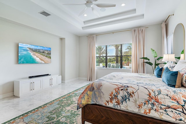 8164 SE Old Plantation Cir, Jupiter, FL 33458 - bedroom with light marble finish floors, recessed lighting, a tray ceiling, baseboards, and a ceiling fan