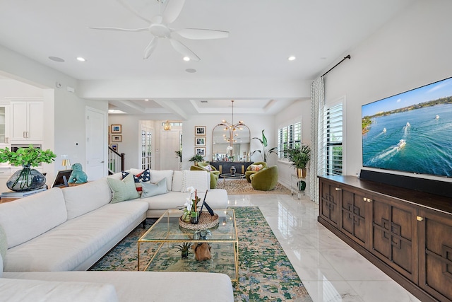 8164 SE Old Plantation Cir, Jupiter, FL 33458 - living room featuring recessed lighting, light marble finish floors, a ceiling fan, a chandelier, and stairs