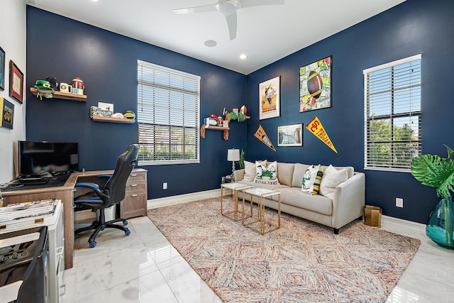 8164 SE Old Plantation Cir, Jupiter, FL 33458 - office area with a ceiling fan, baseboards, marble finish floors, and recessed lighting